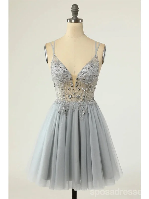 Elegant evening dress-Grey Spaghetti Straps See Through Short Homecoming Dresses,Cheap Short Prom Dresses,CM879