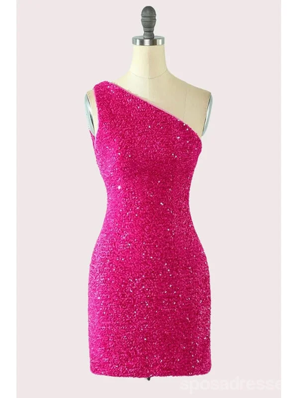 Champagne evening dress-Hot Pink One Shoulder Short Homecoming Dresses,Cheap Short Prom Dresses,CM880