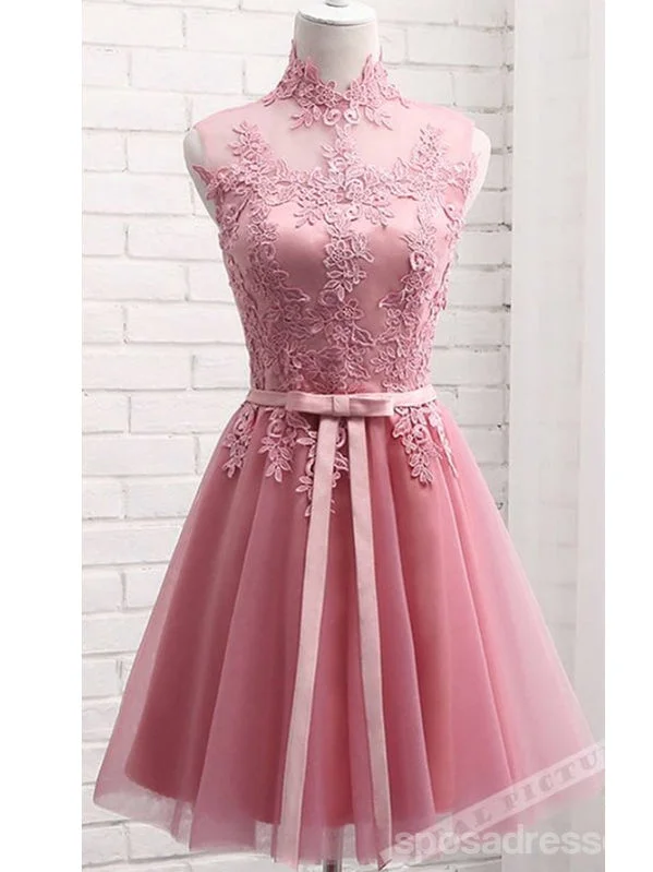 Evening dress with A-line-Newest Pink Illusion Lace Short Homecoming Dresses,Cheap Short Prom Dresses,CM877