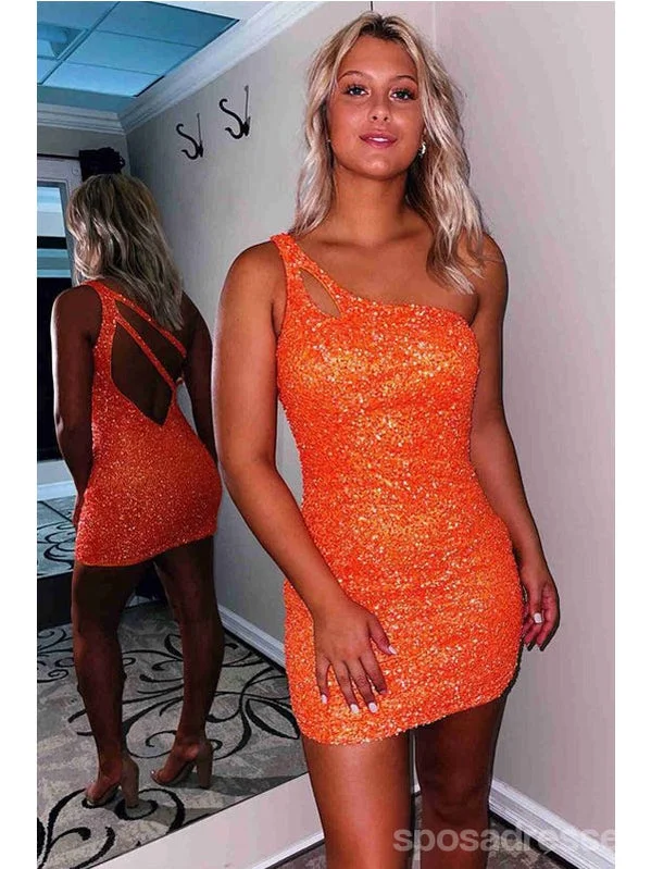 Halter neck evening dress-Orange One Shoulder Short Homecoming Dresses,Cheap Short Prom Dresses,CM942