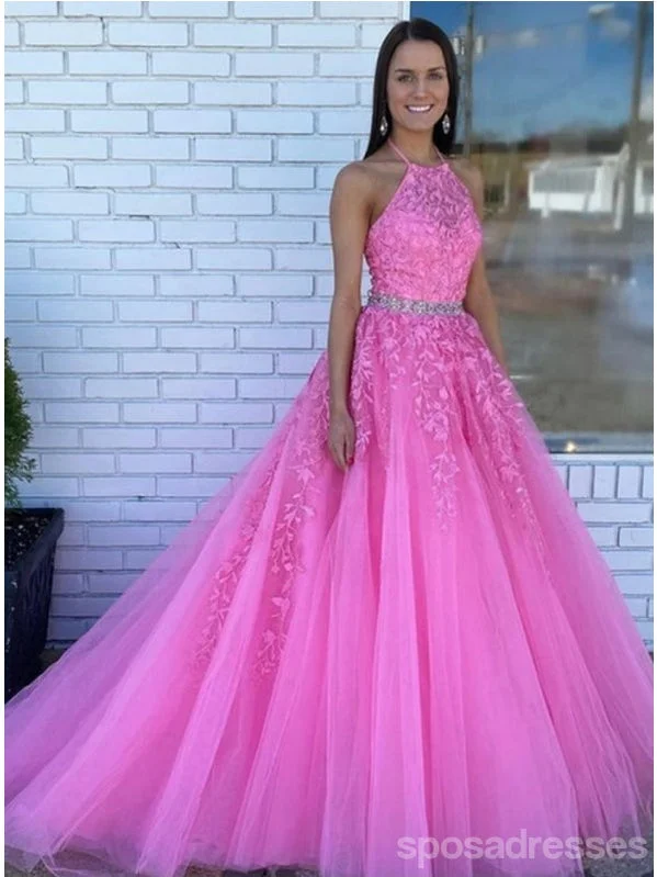 Evening dress for prom-Pink A-line Halter Cheap Long Prom Dresses, Evening Party Dresses,12937