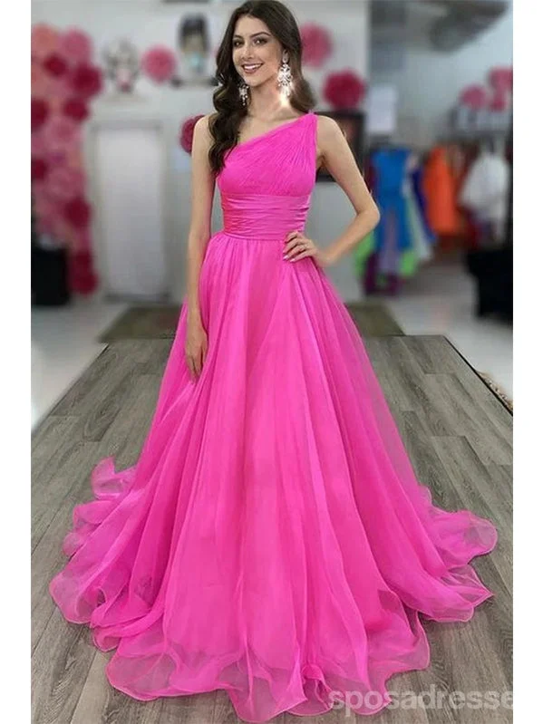 Evening dress with tulle overlay-Pink A-line One Shoulder Cheap Long Prom Dresses, Evening Party Dresses,12891