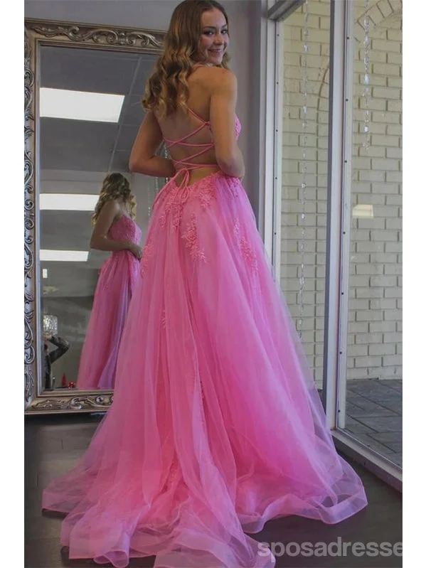 Evening dress with trumpet silhouette-Pink A-line Spaghetti Straps Backless Cheap Long Prom Dresses,12893