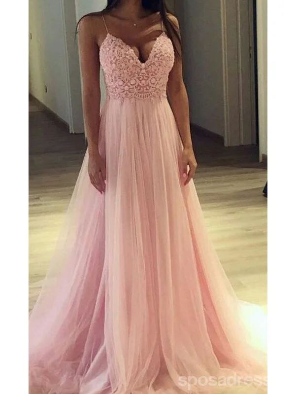 Evening dress with high neckline-Pink A-line Spaghetti Straps V-neck Cheap Long Prom Dresses Online,12911