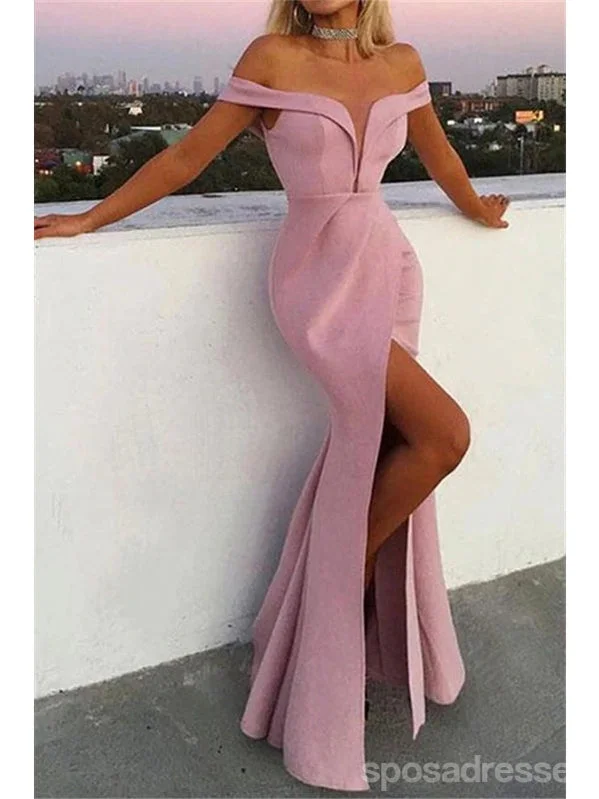 Plus size evening dress-Dusty Pink Mermaid Off Shoulder V-neck High Slit Cheap Long Prom Dresses Online,12879