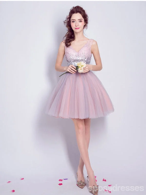 Evening dress with cape-Pink V-neck Short Homecoming Dresses,Cheap Short Prom Dresses,CM925