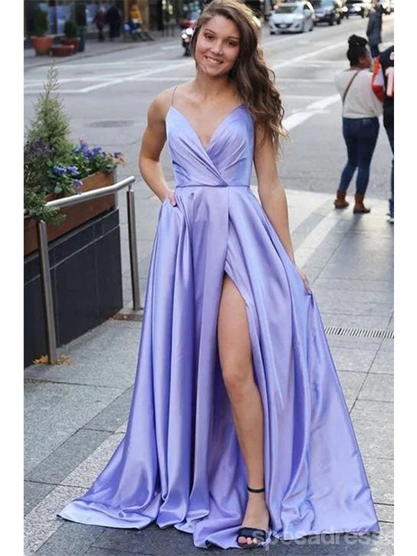 Evening dress with wrap design-Purple A-line Spaghetti Straps High Slit V-neck Cheap Long Prom Dresses,12889