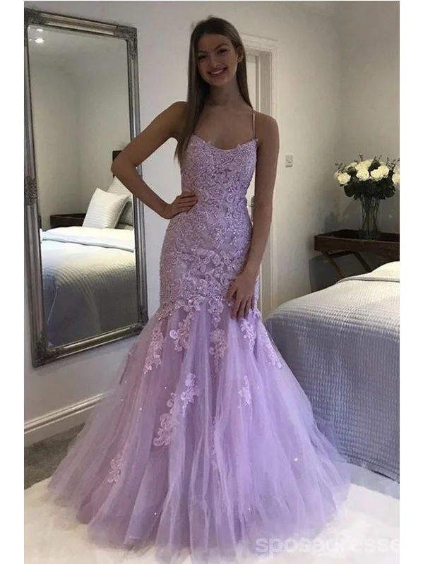 Evening dress for black tie-Purple Mermaid Spaghetti Straps Cheap Long Prom Dresses, Evening Party Dresses,12938