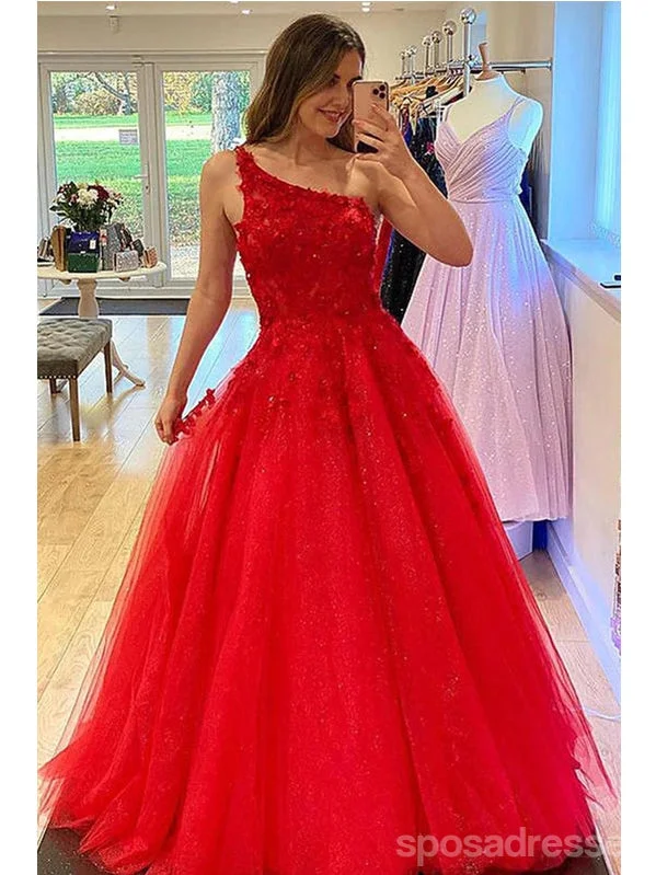 Evening dress with crochet details-Red A-line One Shoulder Cheap Long Prom Dresses, Evening Party Dresses,12856