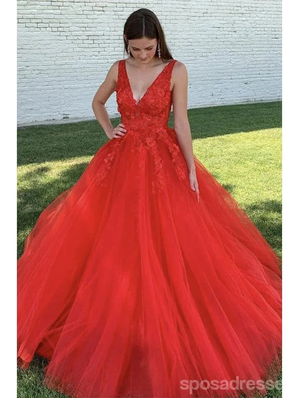 Long evening dress-Red A-line V-neck Cheap Long Prom Dresses, Evening Party Dresses,12885