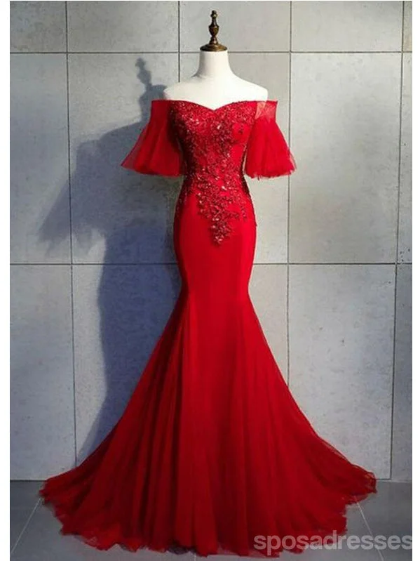 Burgundy evening dress-Red Mermaid Short Sleeves Cheap Long Prom Dresses,Evening Party Dresses,12941