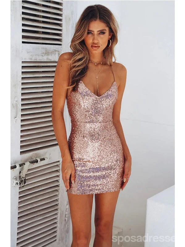 Evening dress for prom-Rose Gold Spaghetti Straps Short Homecoming Dresses,Cheap Short Prom Dresses,CM929