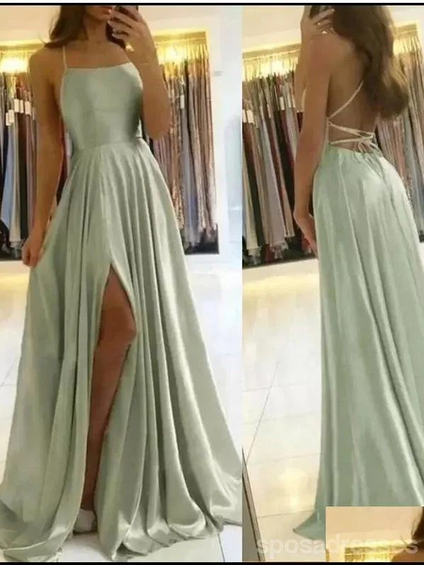 Evening dress with ruching-Sage A-line Spaghetti Straps High Slit Cheap Long Prom Dresses Online,12900