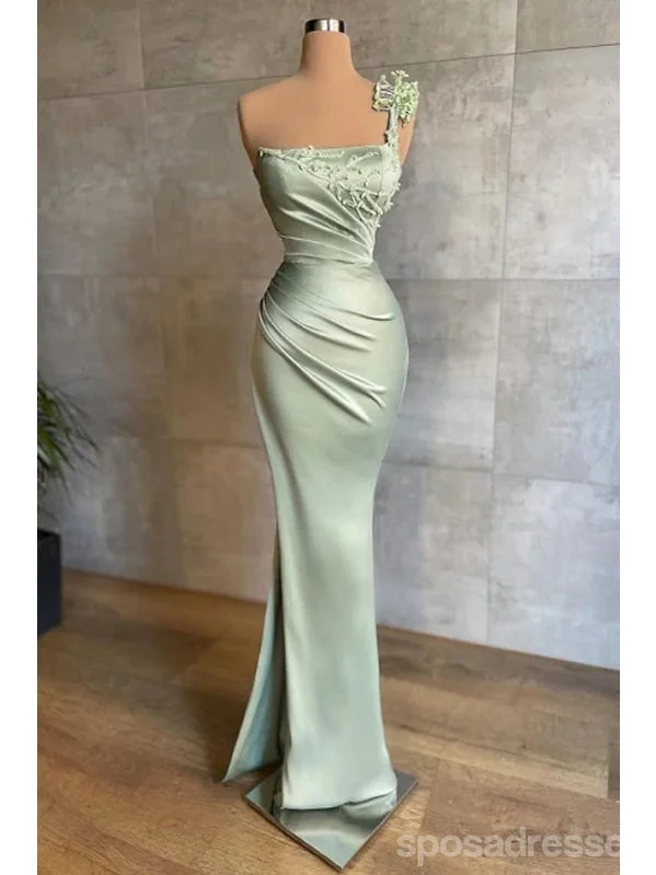 Bohemian evening dress-Sage Mermaid One Shoulder Cheap Long Prom Dresses,Evening Party Dresses,12871