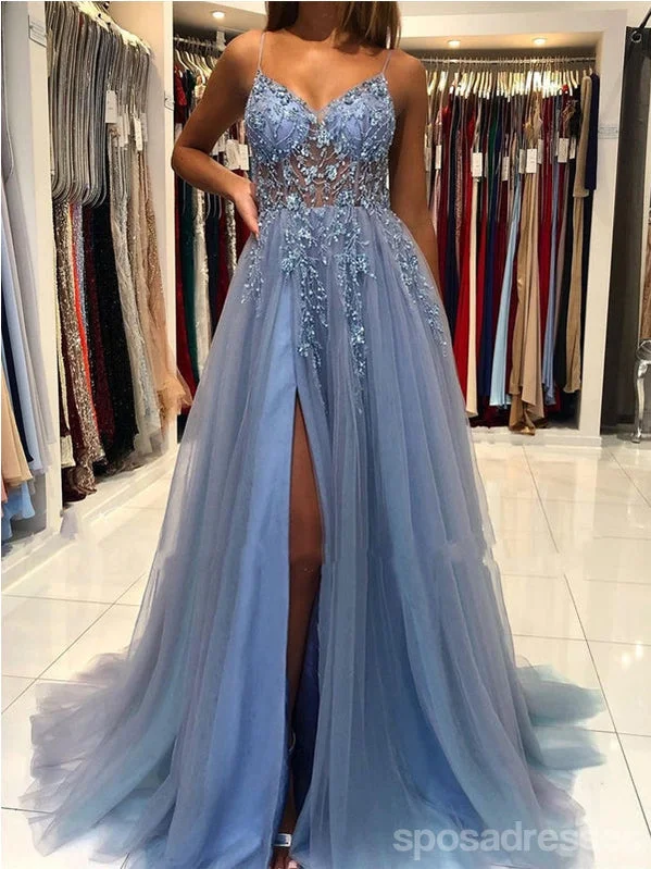 Champagne evening dress-See Through Dusty Blue A-line Spaghetti Straps High Slit Long Prom Dresses,12940