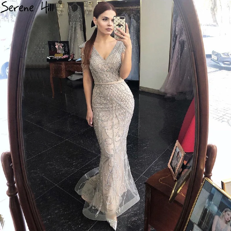 Evening dress with sheer sleeves-Serene Hill Grey Nude Mermaid Elagant Luxury Evening Gowns 2024 Beading Backless Sexy For Women Party  LA70799