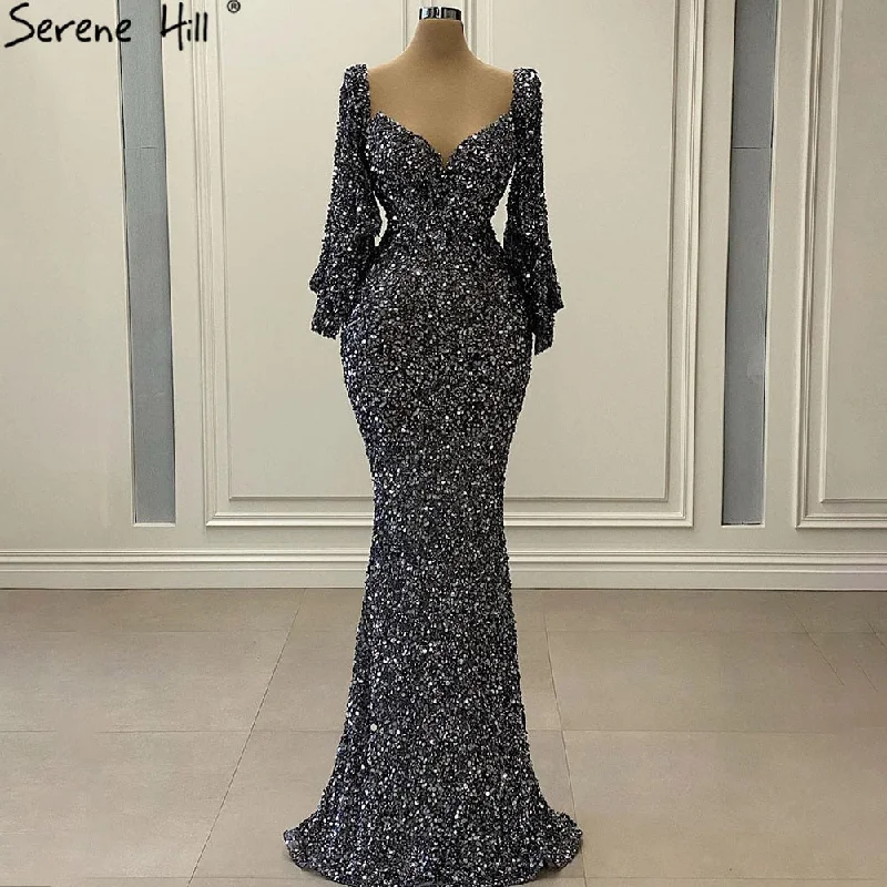 Evening dress with strapless design-Serene Hill Grey Sliver Luxury Evening Dresses Gowns 2024 Elegant Sexy Flared Sleeves For Woman Party LA71178