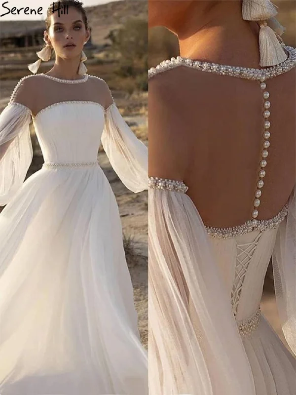 Evening dress with tulle-Serene Hill Ivory A-Line Sexy Evening Dresses Gowns 2024 Beaded Pearl Lantern Sleeve For Women Party LA71190