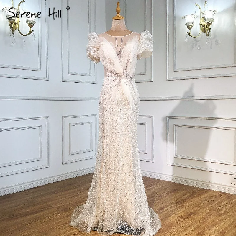 Evening dress with velvet-Serene Hill Ivory Puffy Sleeves Mermaid Evening Dresses Gowns 2024 Beaded Elegant Luxury For Women Party LA71300