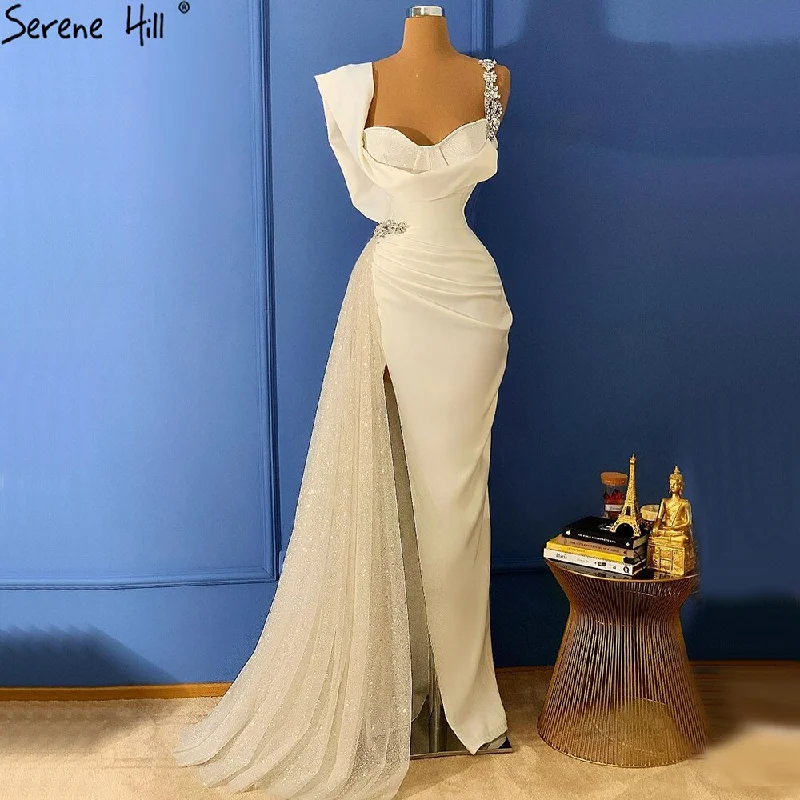 Evening dress with wrap design-Serene Hill Ivory Satin Split Evening Dresses Gowns 2024 One Shoulder Beading Sexy For Women Party LA70886