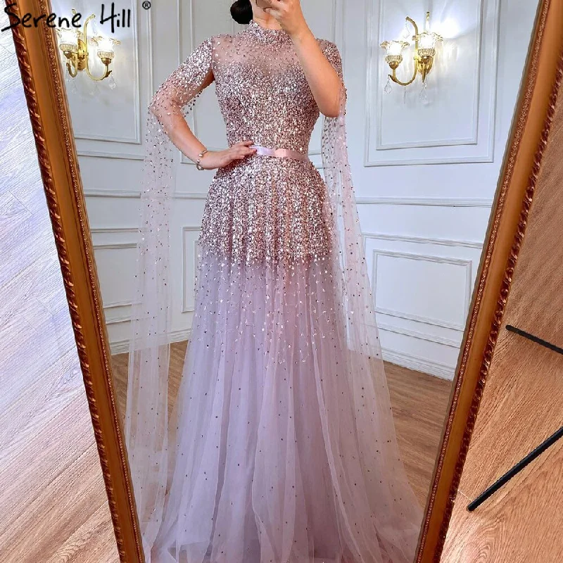 Gold evening dress-Serene Hill Lavender Luxury A-Line Evening Dresses Gowns 2024 Cape Sleeves Beaded For Women Party LA70066C