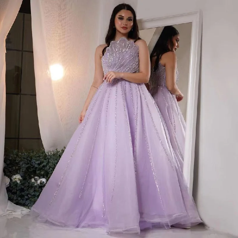 Evening dress with ruching-Serene Hill Lilac A-Line Elegant Scalloped Strapless Sexy Evening Dresses Gowns Beaded 2024 For Women Wedding Party LA71643