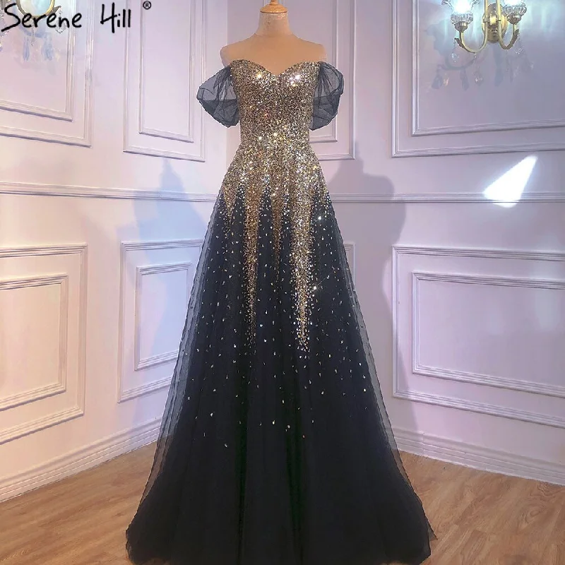 Ivory evening dress-Serene Hill Luxury Black Gold A-line Evening Dresses Gowns 2024 Sparkle Beading Sexy For Women Party Dress LA70838