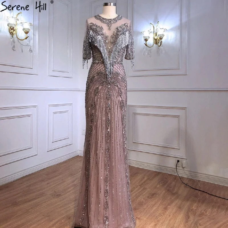 Off-white evening dress-Serene Hill Luxury Grey Mermaid Evening Dresses Gowns 2024 Half Sleeves Beading Tassel Elegant For Women Party LA70966