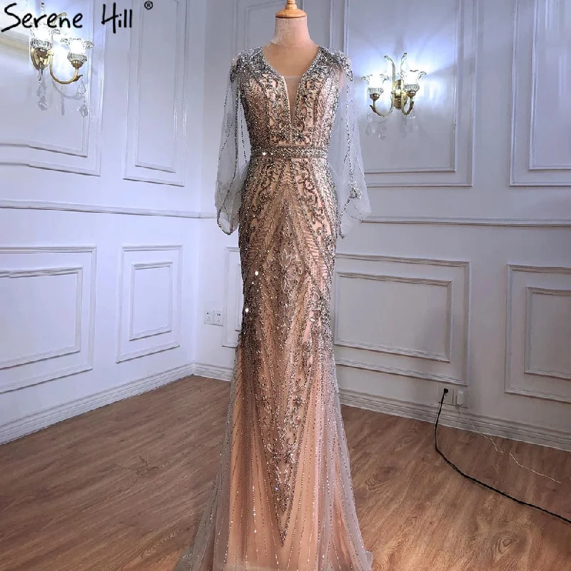 Two-piece evening dress-Serene Hill Luxury Nude Silver Evening Dresses Gowns 2024 Sexy Mermaid Beading Elegant For Women Party LA70905