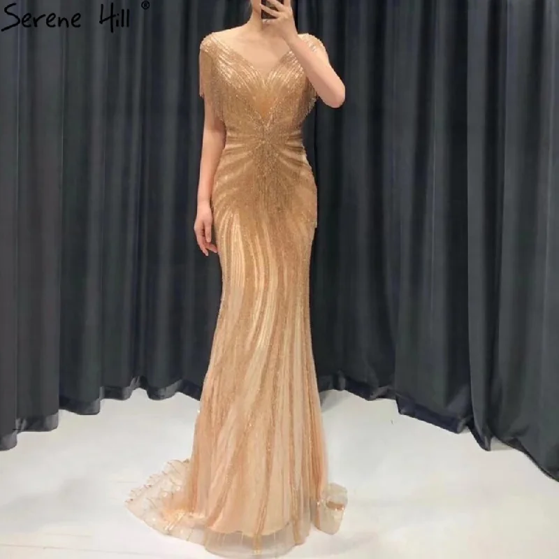 Bohemian evening dress-Serene Hill Mermaid Luxury Gold Evening Dresses Gowns 2024 Beading Tassel Elegant For Women Party LA70907