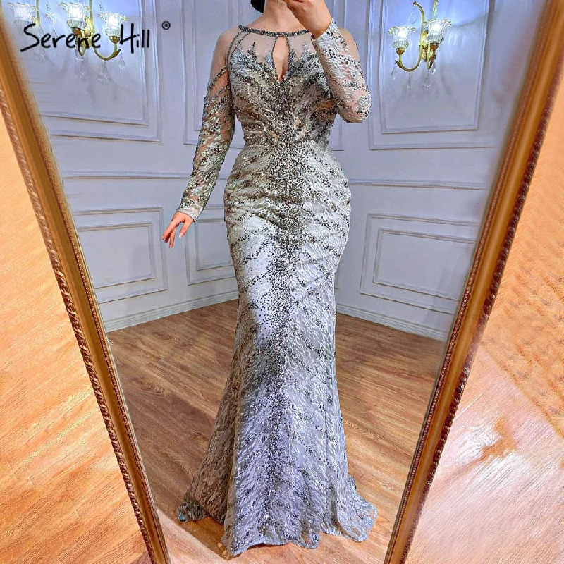 Champagne evening dress-Serene Hill Musliim Grey Mermaid Evening Dresses 2024 Lace Beading Crystal Elegant For Women Party LA71131