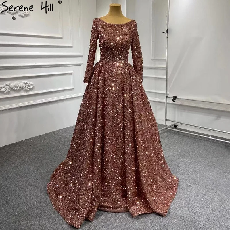 Evening dress for cocktail-Serene Hill Muslim Bean Pink Gold Evening Dresses Gowns 2024 A-Line Luxury Sparkle For Women Party HM67124A