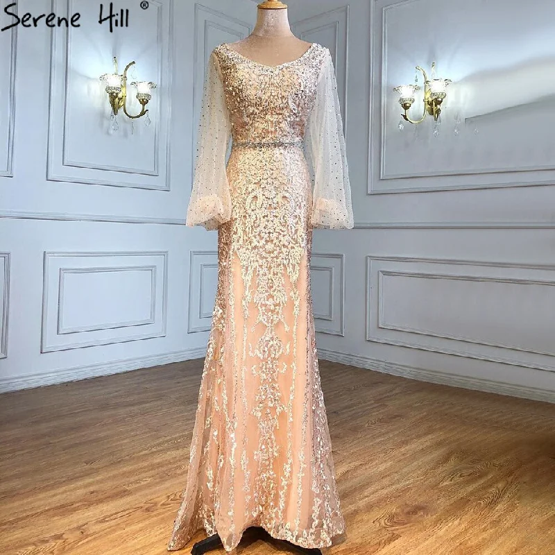 Evening dress with crochet details-Serene Hill Muslim Champagne Luxury Evening Dresses Gowns 2024 Mermaid Elegant Beaded For Women Wedding Party LA71225