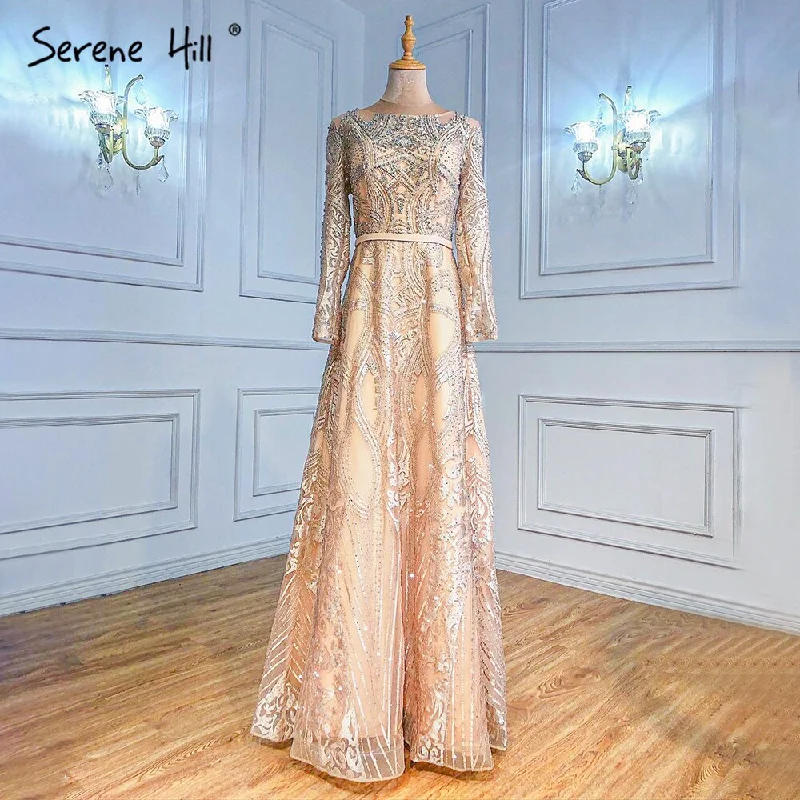 Evening dress with fringe-Serene Hill Muslim Gold A-Line Evening Dresses Gowns 2024 Beaded Luxury For Woman Wedding Party LA70778