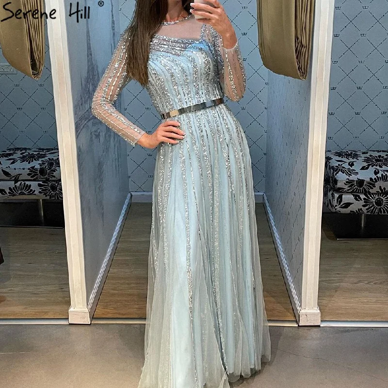 Green evening dress-Serene Hill Muslim Gold A-Line Evening Dresses Gowns 2024 Luxury Beaded Sashes For Women Party LA71458