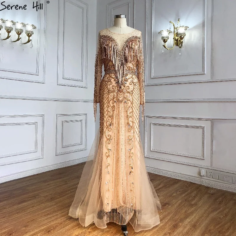 Evening dress with illusion neckline-Serene Hill Muslim Gold Luxury Evening Dresses Gowns 2024  Beaded Tassels Elegant For Women Party LA60780