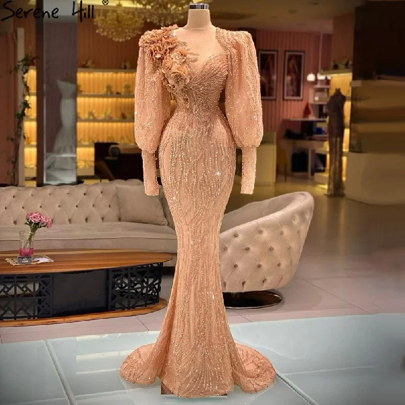 Evening dress with modern design-Serene Hill Muslim Gold Luxury Evening Dresses Gowns 2024 Puff Sleeves Mermaid Elegant For Women Party LA70984