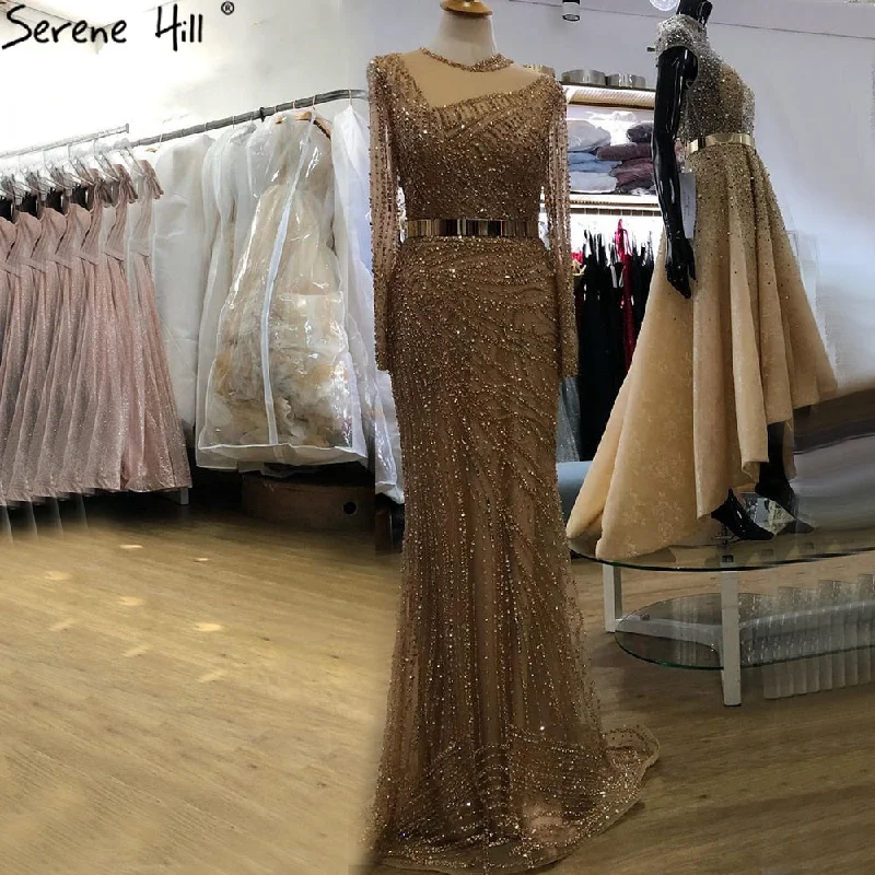 Evening dress with pleated skirt-Serene Hill Muslim Gold Mermaid Evening Dresses Gowns 2024 Luxury Elegant Beading Sashes For Women Party LA71140