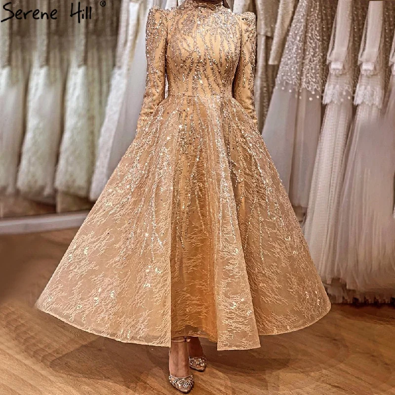 Evening dress with ruffled hem-Serene Hill Muslim Gold Sparkle  Ankle Length  Beading  Evening Dresses Gowns 2024  A-Line For Women Party LA70996