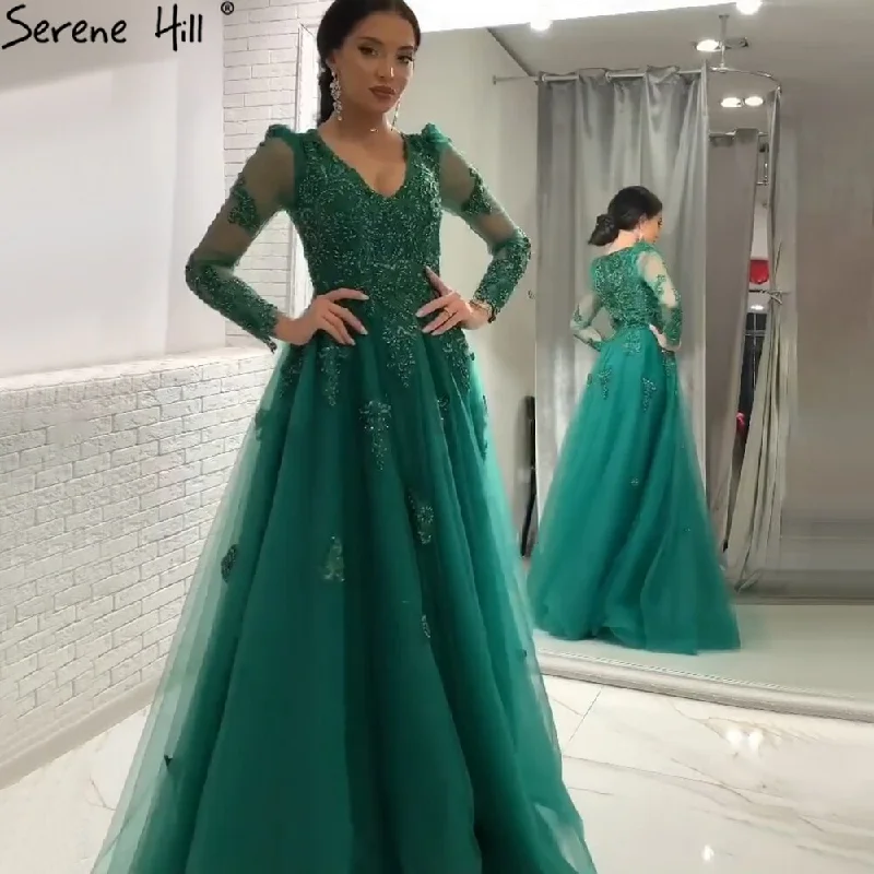 Evening dress with illusion skirt-Serene Hill Muslim Green A-Line Evening Dresses Gowns 2024 Beading Lace Luxury For Women Party LA71068