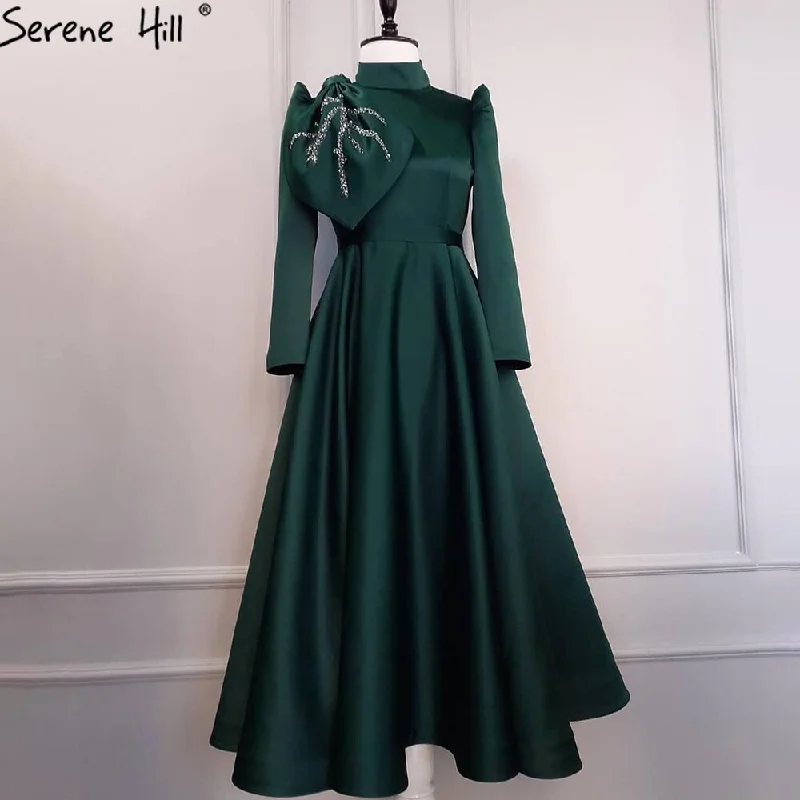 Evening dress with sequined bodice-Serene Hill Muslim Green A-Line Evening Dresses Gowns 2024 Beading Satin For Women Wedding Party LA71115