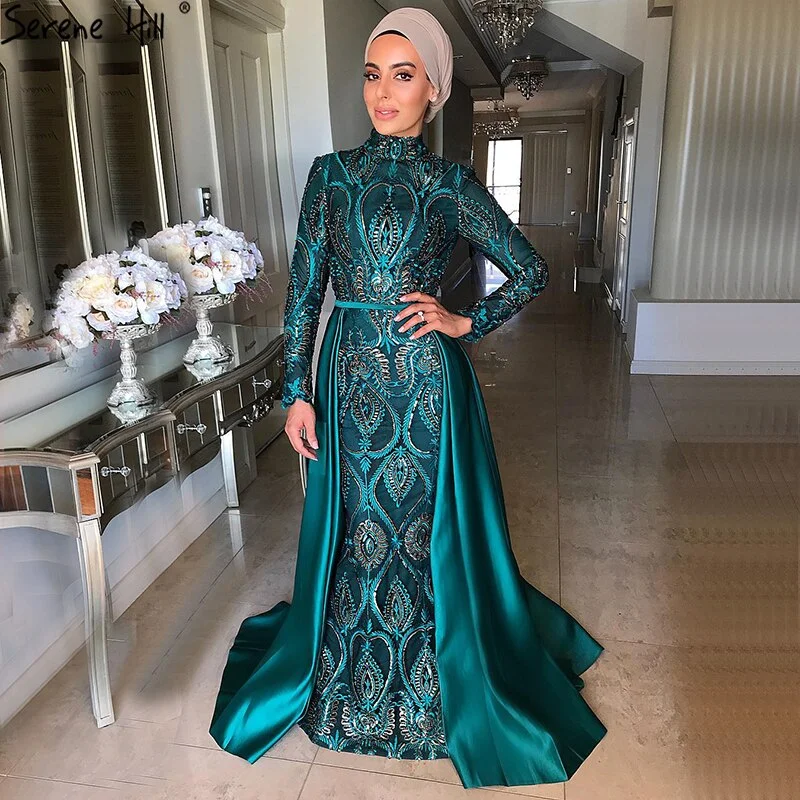 Evening dress with spaghetti straps-Serene Hill Muslim Green Evening Gowns 2024 Long Sleeves Mermaid Party Wear Dresses For Women Dress Sequin Plus Size LA70758