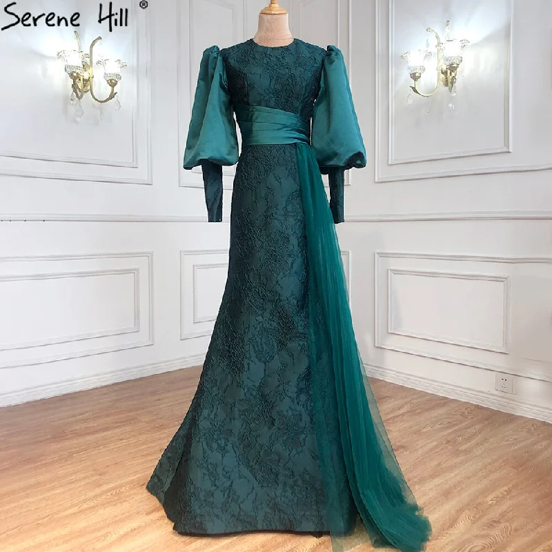 Evening dress with strapless design-Serene Hill Muslim Green Lantern Sleeves  Evening Dresses Gowns 2024 Mermaid Elegant For Women Party LA71160