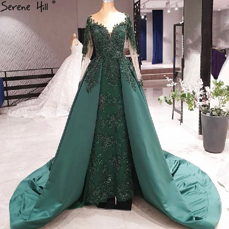 Evening dress with tulle overlay-Serene Hill Muslim Green With Train Evening Dresses Gowns Satin Luxury Long Sleeves For Women Party LA70792