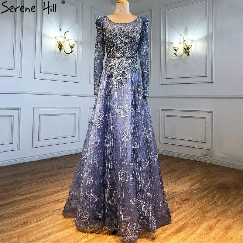 Ivory evening dress-Serene Hill Muslim Luxury Blue Evening Dresses Gowns 2024 Lace Beaded A-Line For Woman Wedding Party  LA71231