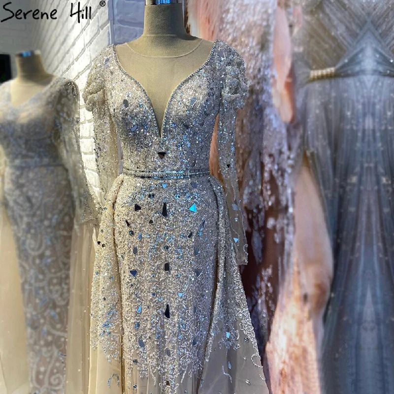 Evening dress with beaded bodice-Serene Hill Muslim Luxury Nude Silver Evening Dresses Gowns 2024 Overskirt Beaded Mermaid Elegant For Woman Party LA71351