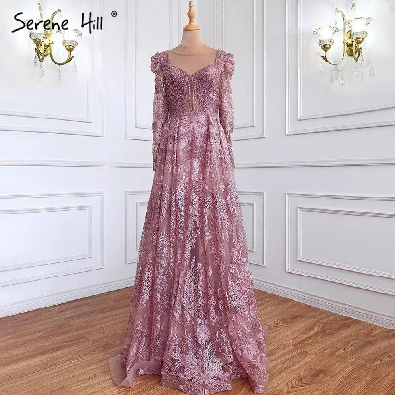 Evening dress with lace-Serene Hill Muslim Luxury Pink Evening Dresses Gowns 2024 A-Line Beaded Lace For Women Party Dress LA71312