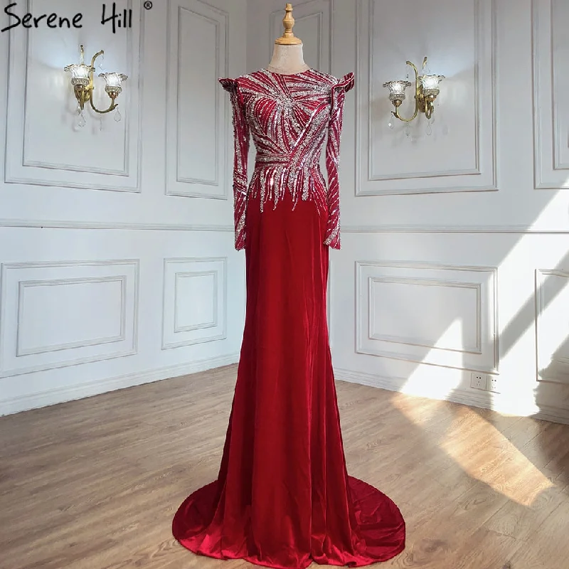 Evening dress with tulle overlay-Serene Hill Muslim Mermaid Wine Red Evening Dresses Gowns 2023 Beaded  Elegant Satin For Women Party LA71449