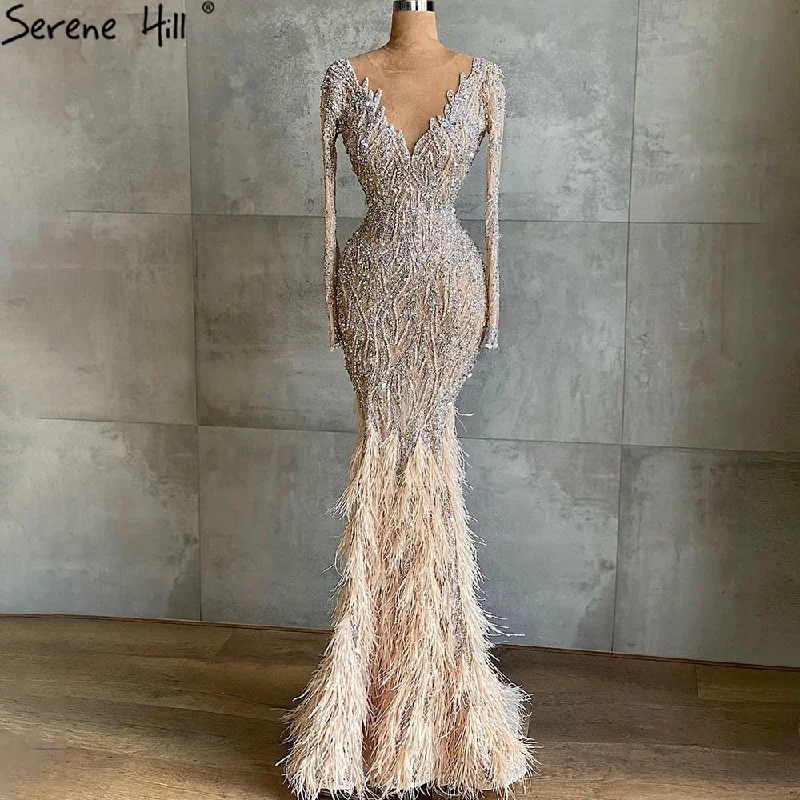 Evening dress with open back-Serene Hill Muslim Nude Meramid Luxury Evening Dresses Gowns Beaded Feathers Elegant 2024 For Women Party LA71093