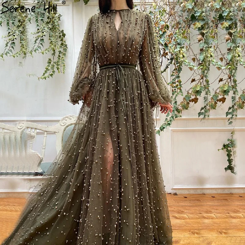 Black evening dress-Serene Hill Muslim Olive Green Evening Dresses Gowns 2024 Luxury Pearls Long Lantern Sleeve For Women Party LA70885